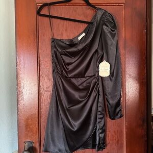 Altar'd State Black Satin One-Shoulder Dress